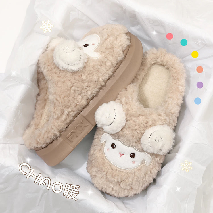 Cute Little Sheep Plush Slippers Women Winter Warm Thick Soft Sole House Shoes Indoor Fuzzy Non-Slip Comfortable Home Slides