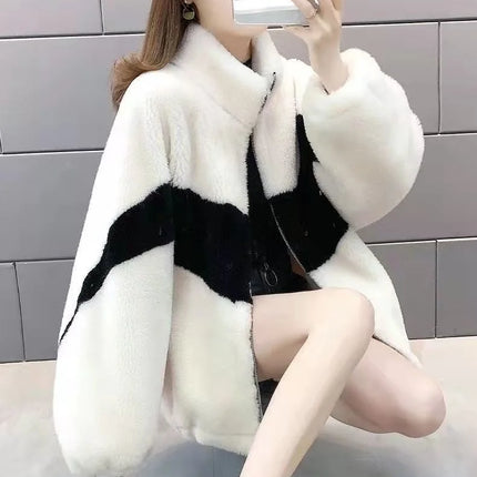 Warm Stand collar Faux fur Winter Jacket Female 2024 New Korean Loose Thick Lamb wool Coat Short Stitching Womens Parkas Outwear