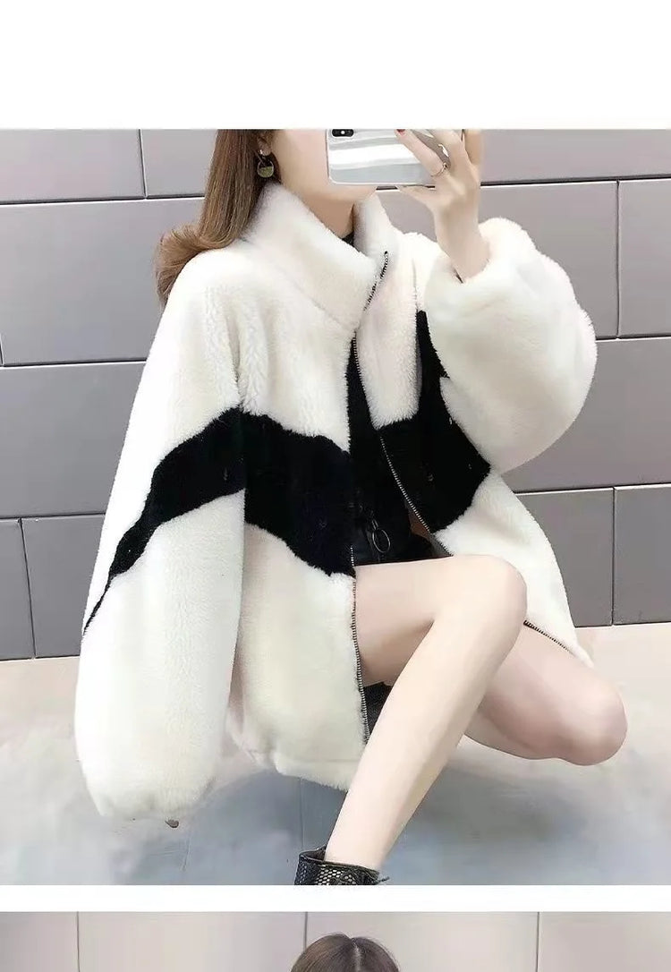 Warm Stand collar Faux fur Winter Jacket Female 2024 New Korean Loose Thick Lamb wool Coat Short Stitching Womens Parkas Outwear