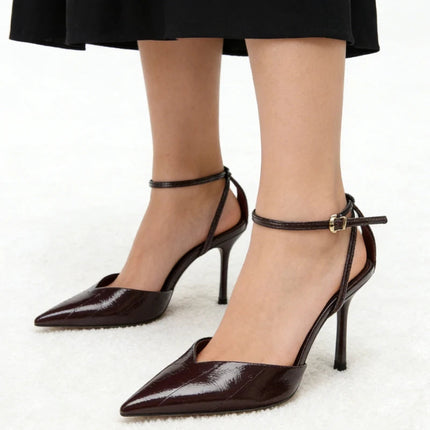 Designer Burgundy Red Ankle Strap Pumps Women Sexy Pointed-Toe Patent Leather High Heels for Ladies Elegant Party Dress Shoes PlatiNum