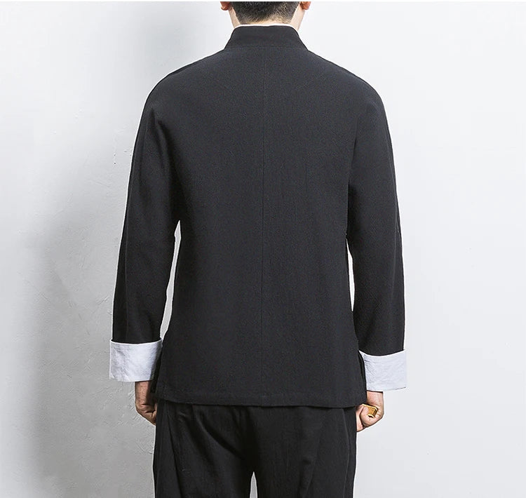 Camicie a maniche lunghe da uomo Ricamo tradizionale in cotone e lino Casual Tang Suit Cardigan da uomo Camicette Kung Fu retrò stile cinese da uomo