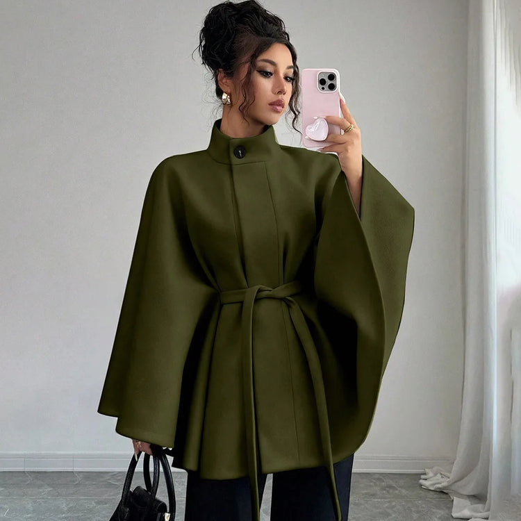 Women's Belted Wool Cape Coat High Neck Stand Collar Batwing Sleeve Loose Fit Winter Warm Poncho Outerwear 2026