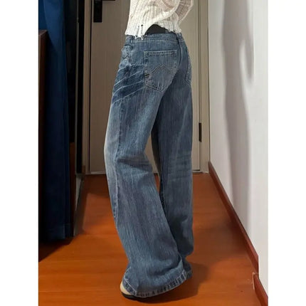 Nuovi jeans lavati a vita bassa taglienti vintage americani da donna Pantaloni in denim versatili con gamba larga svasata e lunghezza fino al pavimento