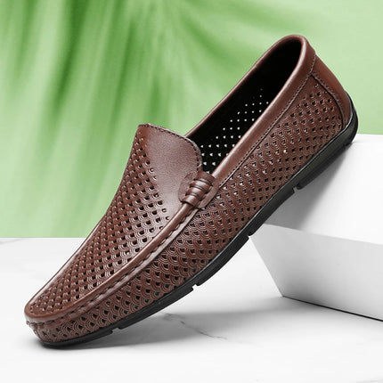Mocassini da uomo in vera pelle traspirante con suola in gomma, scarpe casual slip-on, mocassini da uomo traforati
