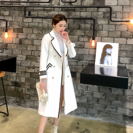 Women White Long Woolen Coat Autumn Winter British Hepburn Style Thicken Slim Double-Breasted Woolen Coat New Women Outwear