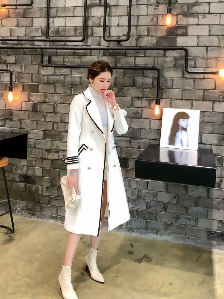 Women White Long Woolen Coat Autumn Winter British Hepburn Style Thicken Slim Double-Breasted Woolen Coat New Women Outwear