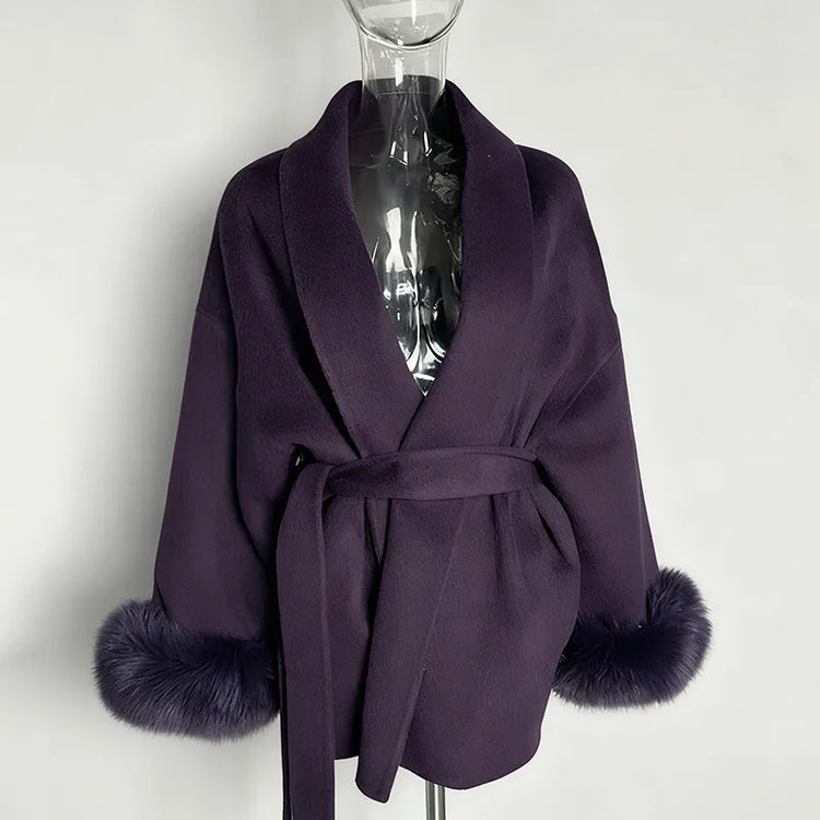 UCXQ Elegant Woolen Coat Temperament Office Lady Overcoats Fur Patchwork Long Sleeve Beautiful Women's Coats 2025 Winter New