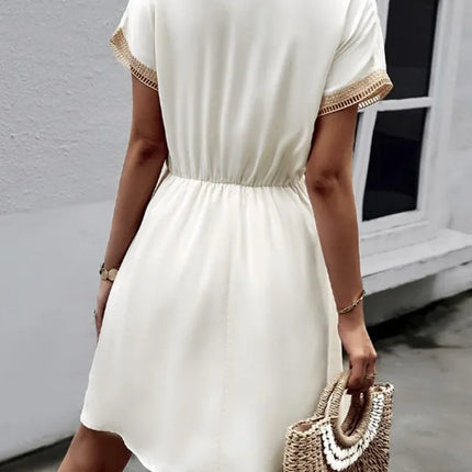 Abito corto longuette da spiaggia femminile con scollo a V in pizzo a maniche corte tinta unita estivo Abiti eleganti da donna in tinta unita bianco dolce platinumshop