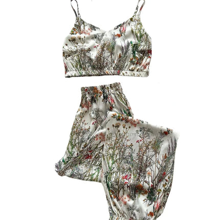 Pigiama da donna in raso di seta Set scollo a v senza maniche Top Sleepwear indumenti da notte pigiama con stampa lavanda Sexy abbigliamento per la casa abbigliamento da casa