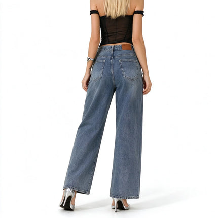 Women's Low Waist Wide Leg Jeans, Grey Blue Washed Denim, Stretchy, Casual Fashion Wide Leg Pants for Female,Yw-1918