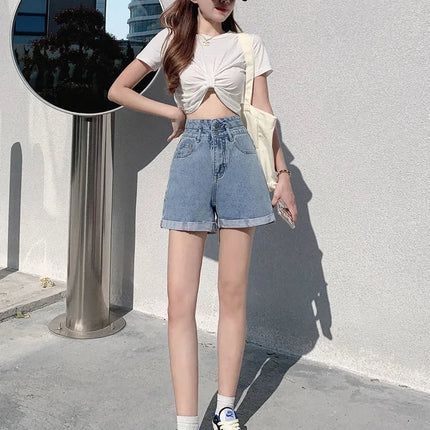 Women's summer thin denim shorts with loose fit high waist slimming effect wide legs and rolled edge hot pants for outerwear PlatiNum