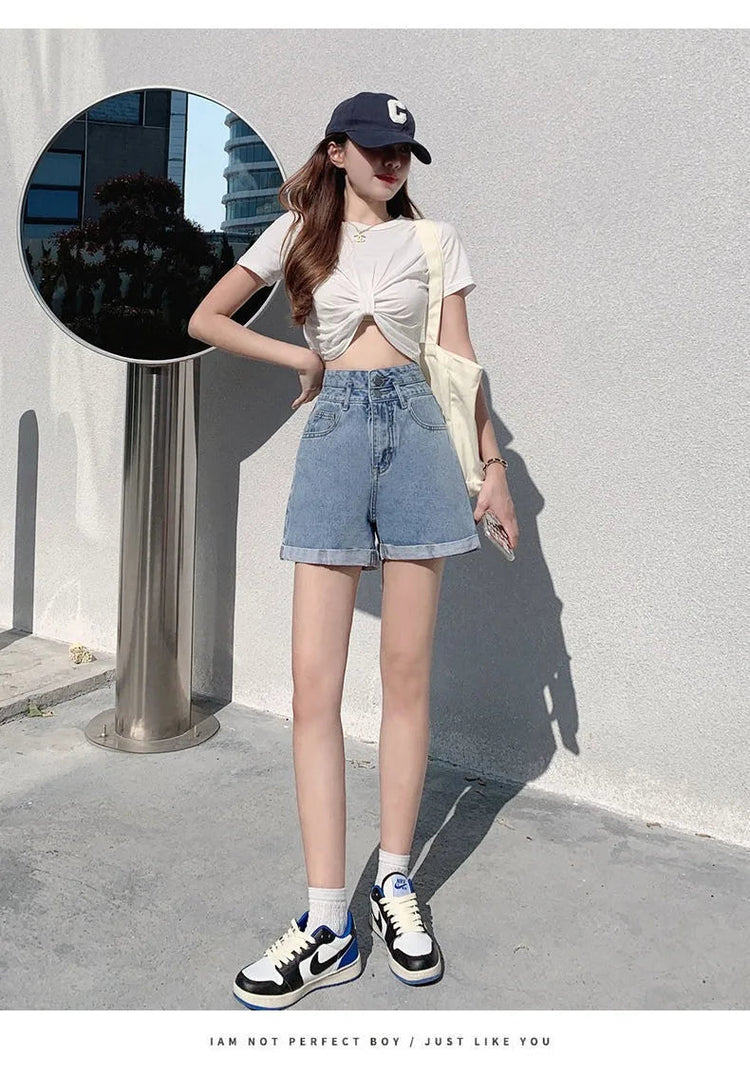 Women's summer thin denim shorts with loose fit high waist slimming effect wide legs and rolled edge hot pants for outerwear PlatiNum