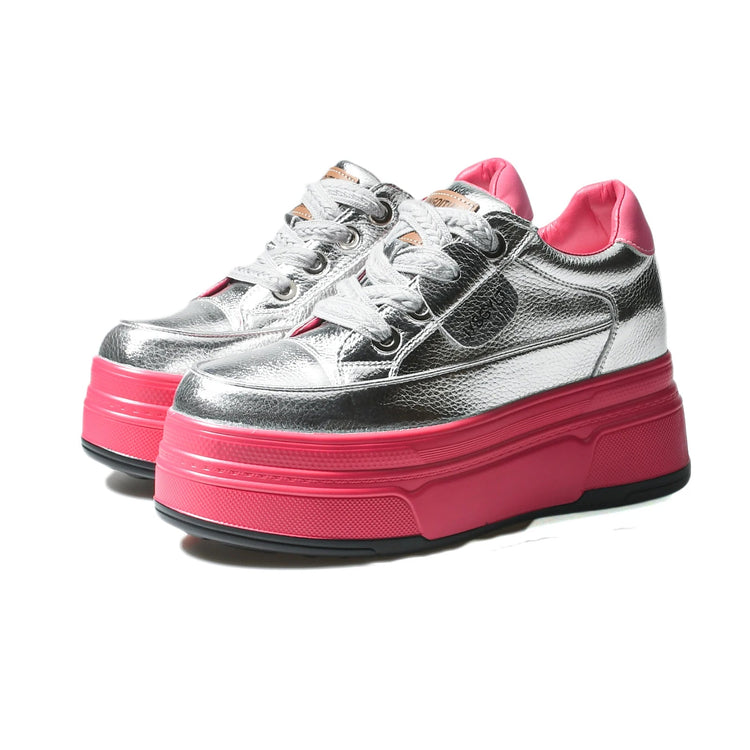 Fujin 9cm 3 inch comfortable platform sneakers for women Genuine Leather Women Vulcanized Shoes Platform High Heels Casual Shoes PlatiNum