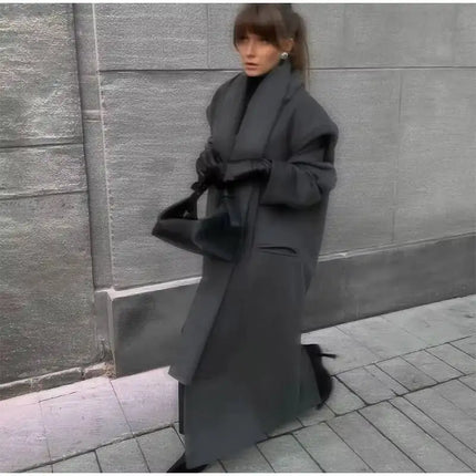 Elegant Big Scarf Collar Women's Coat Fashion Double Breasted Pockets Overcoats 2026 Autumn New High Street Oversize Outerwears