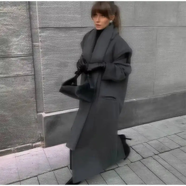 Elegant Big Scarf Collar Women's Coat Fashion Double Breasted Pockets Overcoats 2026 Autumn New High Street Oversize Outerwears