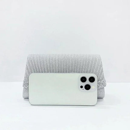Borsa Clutch Plissettata con Strass, Pochette da Sera Scintillante con Cristalli, Elegante Borsetta da Donna per Cerimonie, Matrimoni e Feste Formali