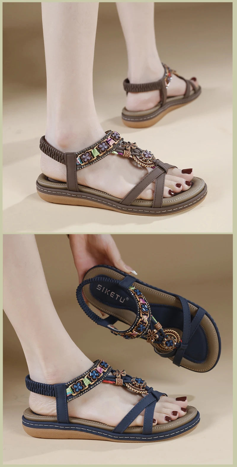 Summer 2025 Pomesian Rhinestones Comfortable And Casual Beach Flat Sandals For Women Ethnic Style Leisure Comfortable And Simple
