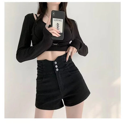Women's super high waisted denim shorts for summer girls, new black A-line waist cinching slimming design, hot pants PlatiNum