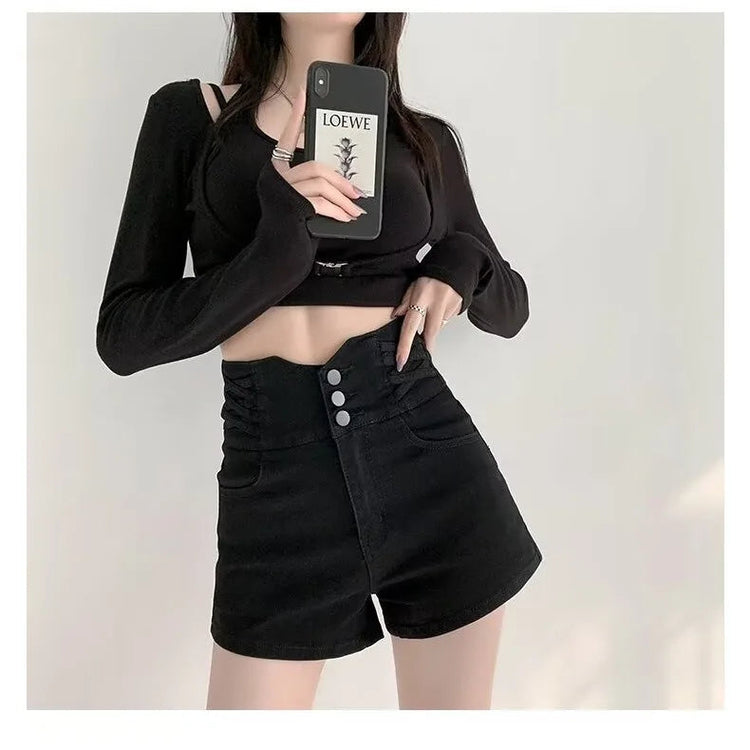 Women's super high waisted denim shorts for summer girls, new black A-line waist cinching slimming design, hot pants PlatiNum