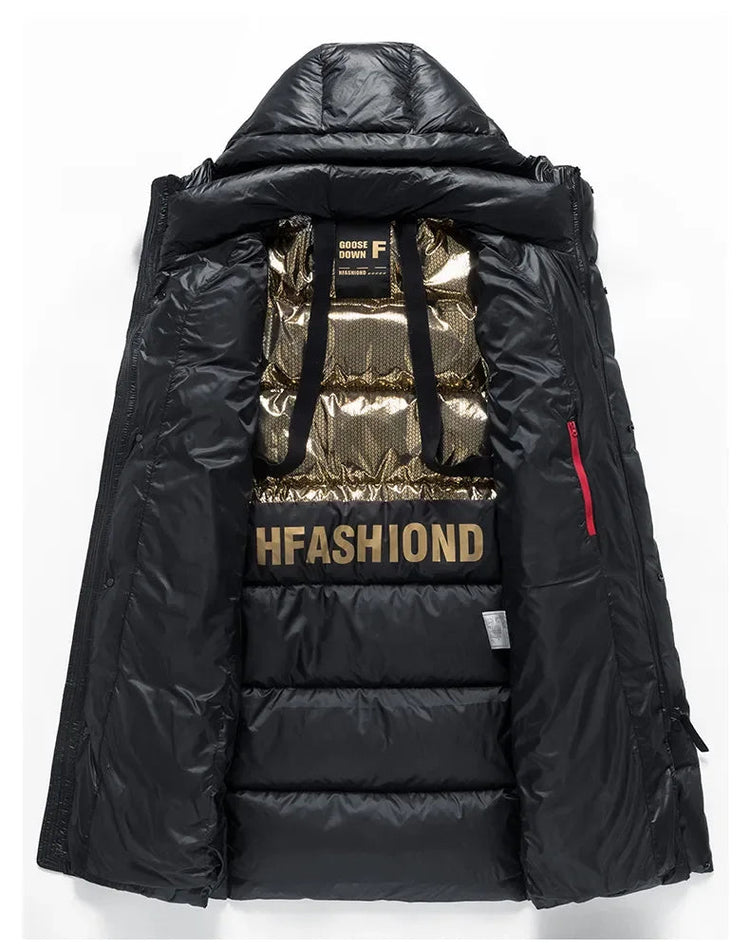 -30 ℃ Cold-proof Long Down Jacket Men's Light Luxury Black Gold Lightweight 95% Goose Down Jacket Unisex Winter Warm Hooded Coat PlatiNum
