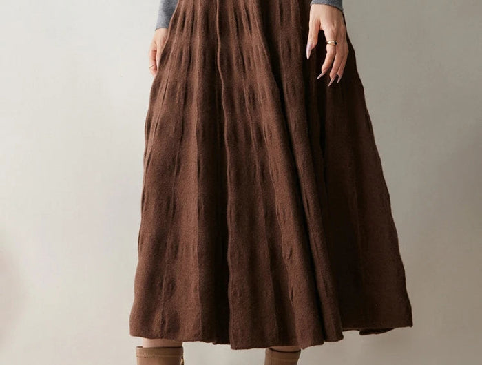 Women Cashmere Skirt A-Line Jacquard Elastic Waist Flared Skirt Autumn Winter 100% Cashmere Knitted Office Lady Curled Hem Dress PlatiNum