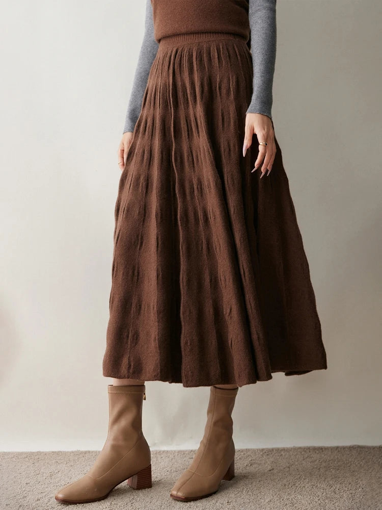 Women Cashmere Skirt A-Line Jacquard Elastic Waist Flared Skirt Autumn Winter 100% Cashmere Knitted Office Lady Curled Hem Dress PlatiNum