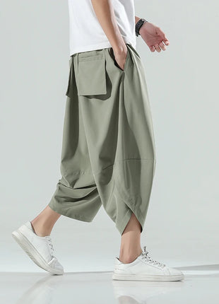 Pantaloncini Estivi da Uomo Stile Cinese Harajuku, Pantaloni Harem Oversize, Pantaloni Vintage Traspiranti a Tinta Unita, Lunghezza al Polpaccio