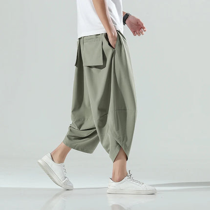 Pantaloncini Estivi da Uomo Stile Cinese Harajuku, Pantaloni Harem Oversize, Pantaloni Vintage Traspiranti a Tinta Unita, Lunghezza al Polpaccio