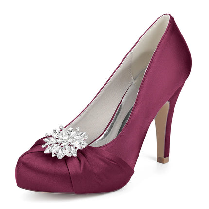 Primavera Boca de pescado Punta redonda Diamantes de imitación de seda Zapatos de boda impermeables de tacón alto para mesa Sandalias de mujer de talla grande para vestido de banquete