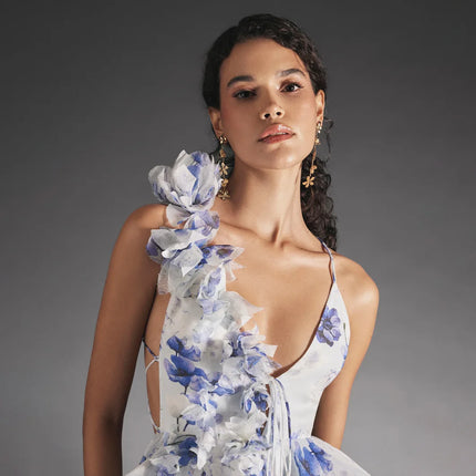 Elegant Puff Sleeve Floral Print Ball Gown Women's 3D Flower V-Neck Mini Dress Summer Beach Dresses Chic Vacation Evening Dresses