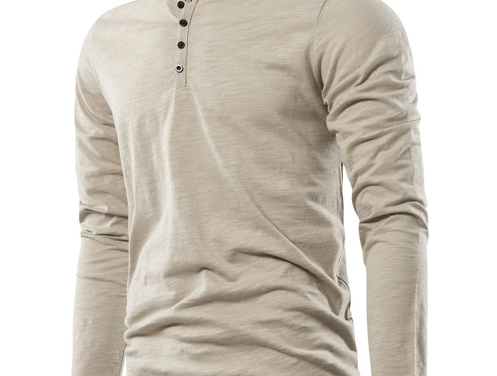 Henery Neck  Long Sleeve T shirt For Men Solid Spring Casual Mens T-shirts High Quality Male Tops Classic Clothes Men's T-shirts PlatiNum