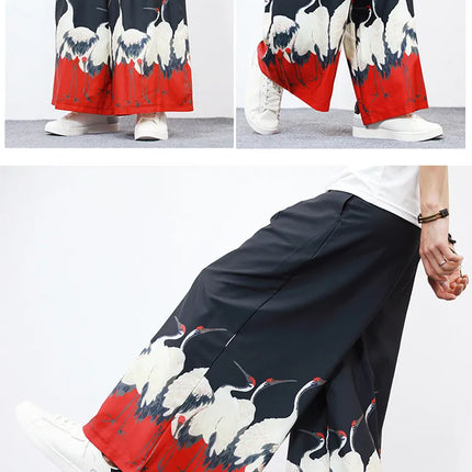 Nuovi Pantaloni da Uomo con Stampa Tradizionale a Gru, Stile Cinese Vintage, Pantaloni Harem Estivi, Pantaloni Larghi Hanfu Oversize da Uomo
