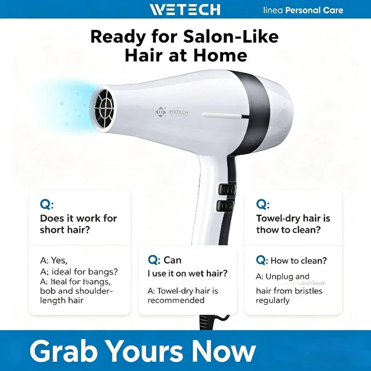 WETECH 2000W Professional Negative Ionic Hair Dryer Adjustable Temperature Speed Blow Dryer With Concentrator Nozzle Home Salon Hair Styling Tool 100-240V Dual Voltage