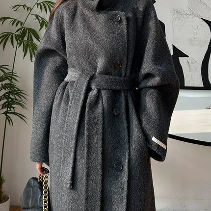 Korean Fashion Dark Gray Stand Collar 100%Wool Coat Women Long Winter Jacket