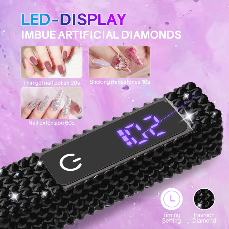 Handheld Mini  UV LED Nail Lamp With Diamonds Portable Nail Dryer Rechargeable 2-Timer Gel Curing Tool for On-the-Go Manicures