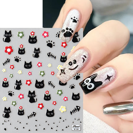Cute Black Cat Nail Stickers Decals 5D Embossed Kawaii Cat Flowers Star Nail Art Decoration Cute Cartoon Sliders Summer Manicure