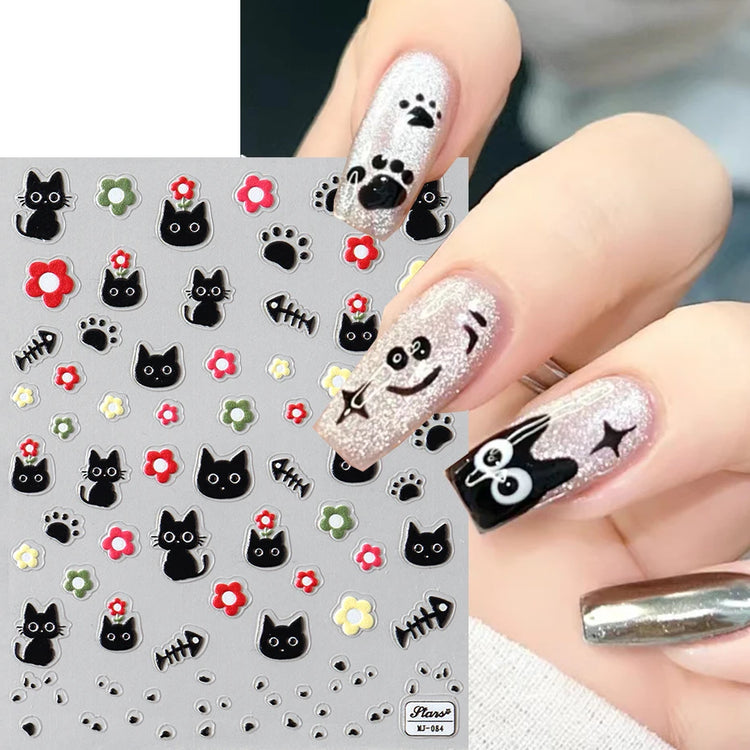 Cute Black Cat Nail Stickers Decals 5D Embossed Kawaii Cat Flowers Star Nail Art Decoration Cute Cartoon Sliders Summer Manicure