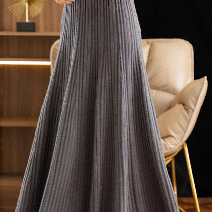 Elegant Women's Pleated Skirt 100% Merino Wool Skirt A-Line Long Skirt Soft Warm Autumn Winter Dress Slim Elastic Waist Office PlatiNum