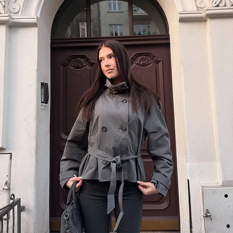 2026 Spring Women's Solid Lace Up Trench Coat Stand Collar Double Breasted Jacket Stylish New Lady Long Sleeve Outerwear Street