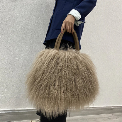 Factory Wholesale New Fashion Design Luxury Real Mongolian Lamb Fur Bag Sheep Fur Shoulder Bag