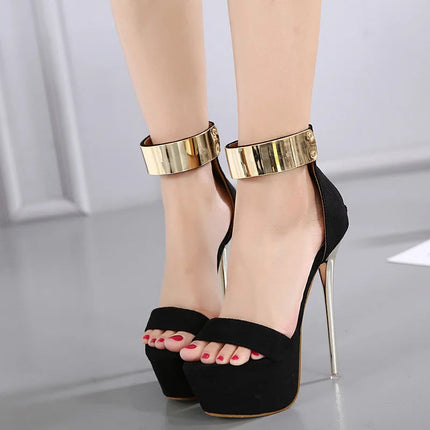 2026 Fashion Designer Metal Ankle Strap Women 16CM Heels Platform Sandals Shoes Female High Heels Sexy Party Dance Ladies Shoes PlatiNum