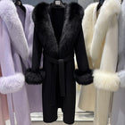 YOLOAgain Women's 100% Wool Coat Long With Detachable Real Fox Fur Collar 2025 Autumn Elegant Double-Sided Wool Coat