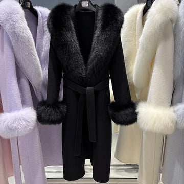YOLOAgain Women's 100% Wool Coat Long With Detachable Real Fox Fur Collar 2025 Autumn Elegant Double-Sided Wool Coat