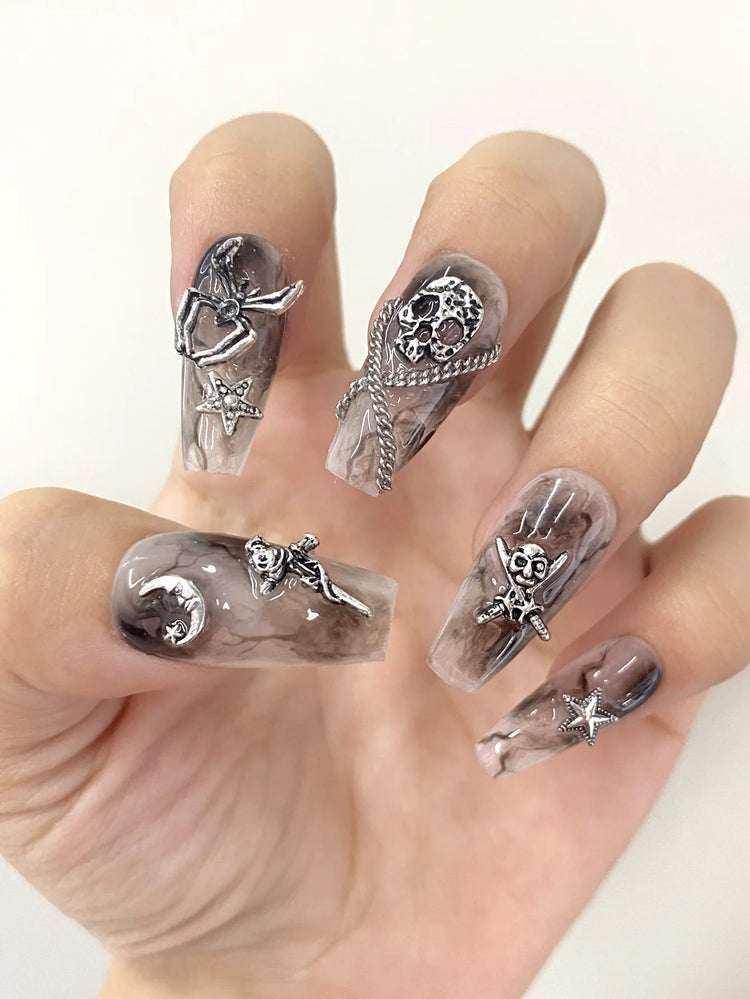 50pcs Mix Design Skull Cross Spider Nail Charms 3D Silver Bone Cross Halloween DIY Nail Art Decoration