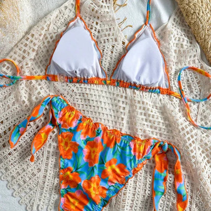 Nuovo Set Bikini Donna Estivo con Stampa Floreale Arancione, Halter con Volant, Push-Up e Perizoma con Laccetti Laterali PlatiNum