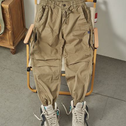 Autumn New American Retro Woven Cargo Pants Men's 97.5% Cotton Washed Elastic Waist Drawstring Loose Casual Anke-tied Trousers