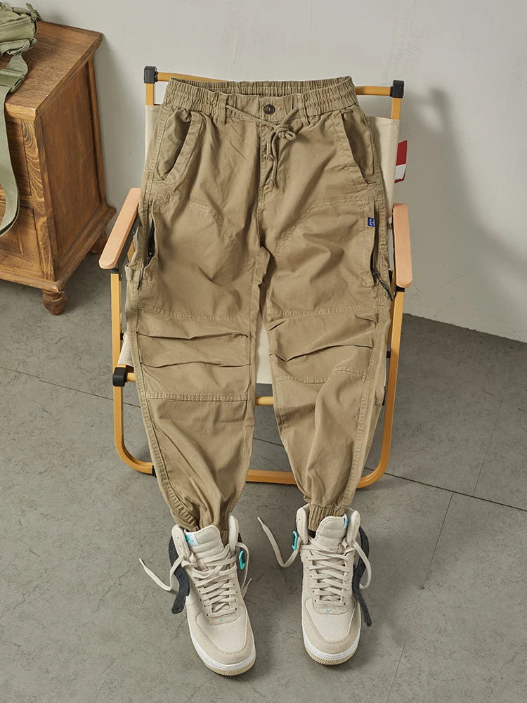 Autumn New American Retro Woven Cargo Pants Men's 97.5% Cotton Washed Elastic Waist Drawstring Loose Casual Anke-tied Trousers