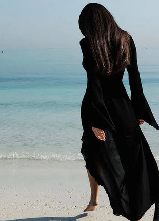 Copricostume estivo da spiaggia con scollo a V, bikini ampio con volant, protezione solare, grembiule, costume da bagno, manica lunga, copricostume per donna platinumshop