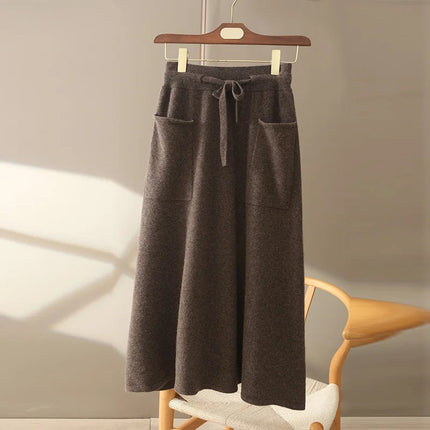 Autumn And Winter100% Pure Wool Skirt Women's Long Pocket Small A Skirt High Waist Slim Cashmere Knit A-Line Skirt PlatiNum