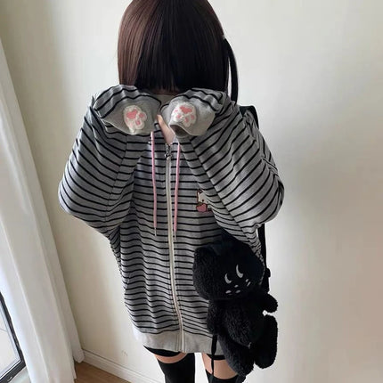Cartoon Embroidery Women Hoodies Japanese Sweet Cute Cat Ears Striped Hooded Sweatshirts Harajuku Streetwear Loose Casual Coats